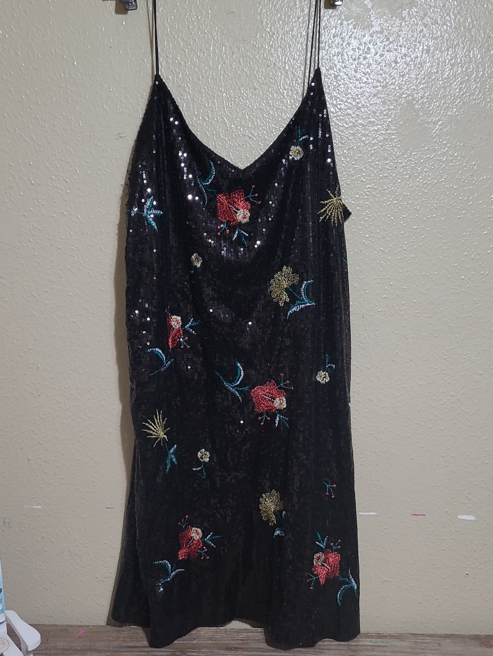 Black Sequin Embroidered Mini Dress - Floral Slip Style